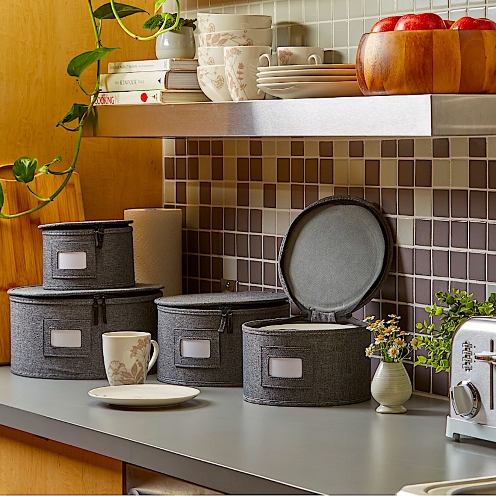 4-Piece Gray Twill Plate & China Storage